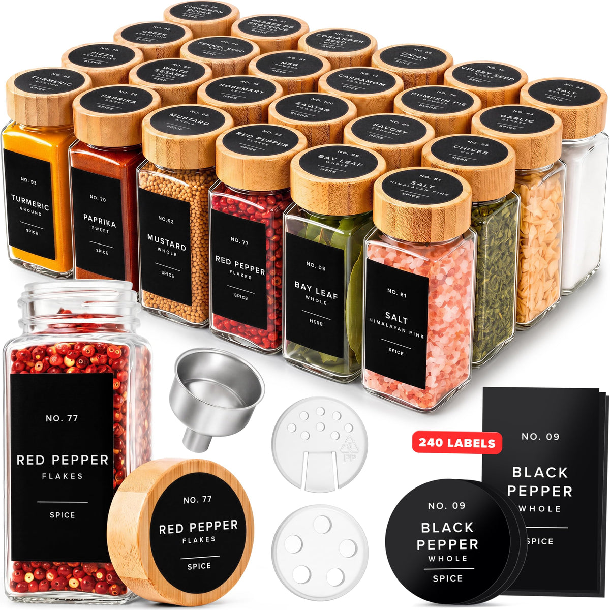 EDELHAUS Glass Spice Jars with Label, 24x Bamboo Wooden Lids - White Labels