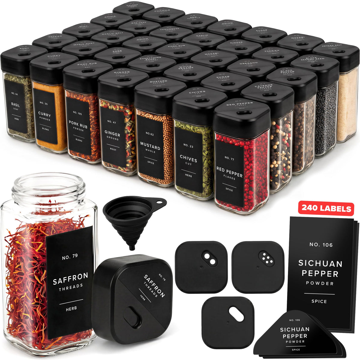 Glass Square Spice Jars with Label, Seasoning Set, 36x Black Sprinkle Lids