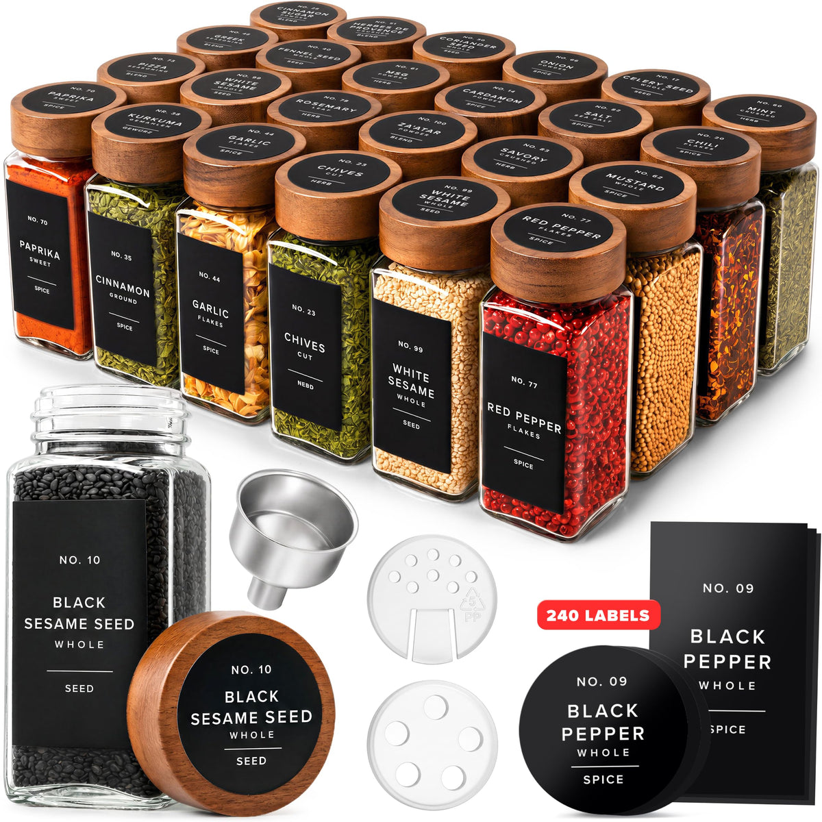 EDELHAUS Glass Spice Jars with Label, 24x Acacia Wooden Lids - White Labels