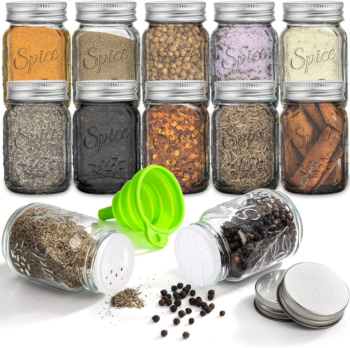 Coloch 30 Pack 4 Oz Glass Mason Spice Jar with Shaker Lids& Labels, Empty Spice Bottle Mini Mason Jars with Airtight Metal Caps and Collapsible Funnel for Herbs & Spices