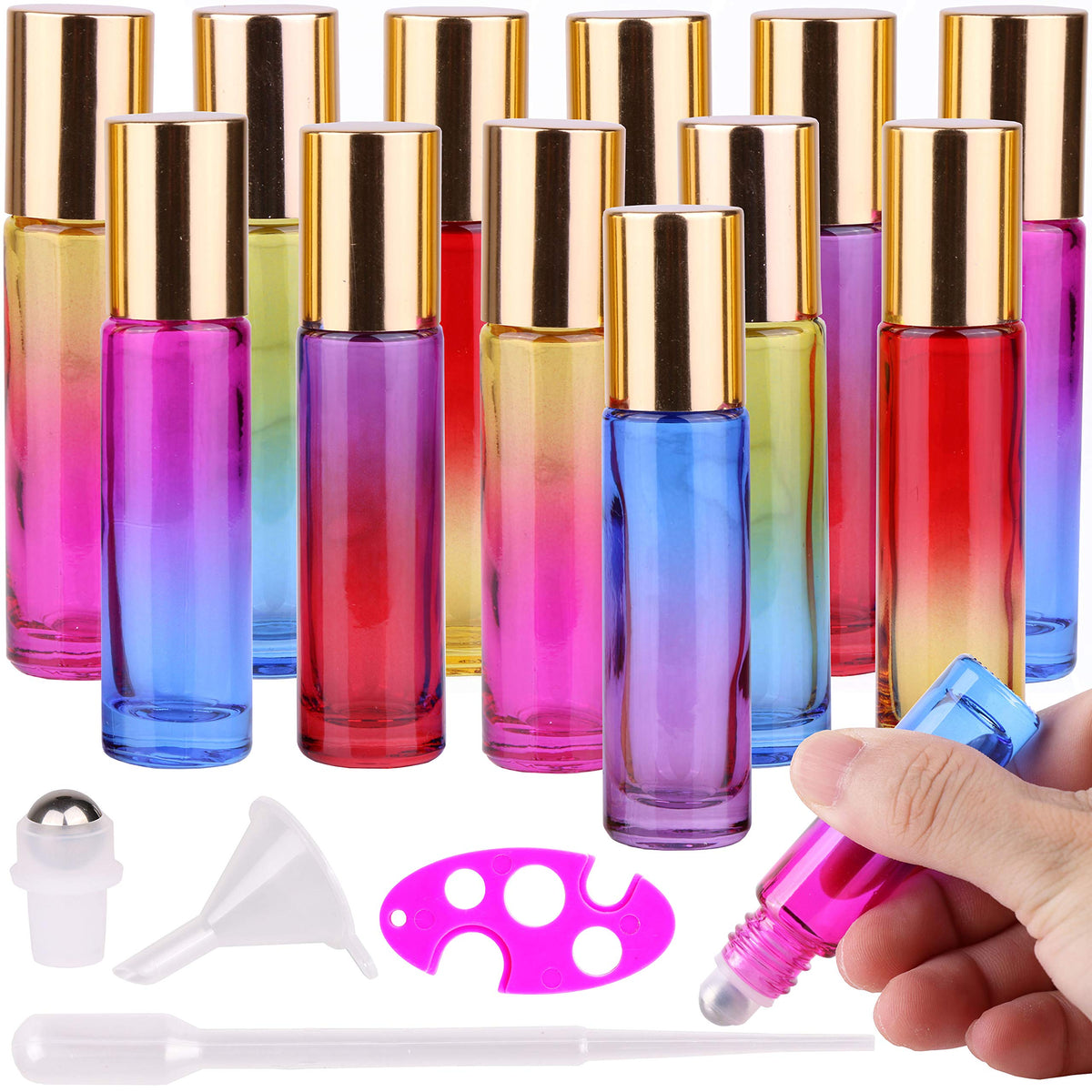 inice 24 10ml Essential Oils Roller Bottles Gradient Color Thick Glass Roll on Bottle Golden Metal Cap for Travel