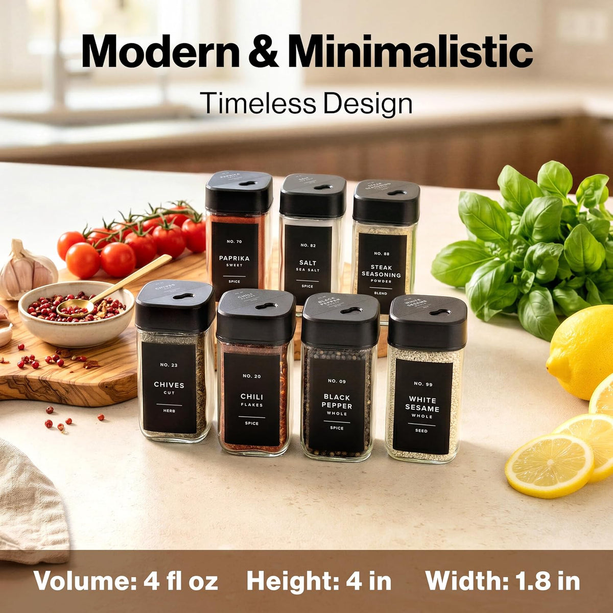 EDELHAUS Glass Square Spice Jars with Label, 24x Black Sprinkle Lids