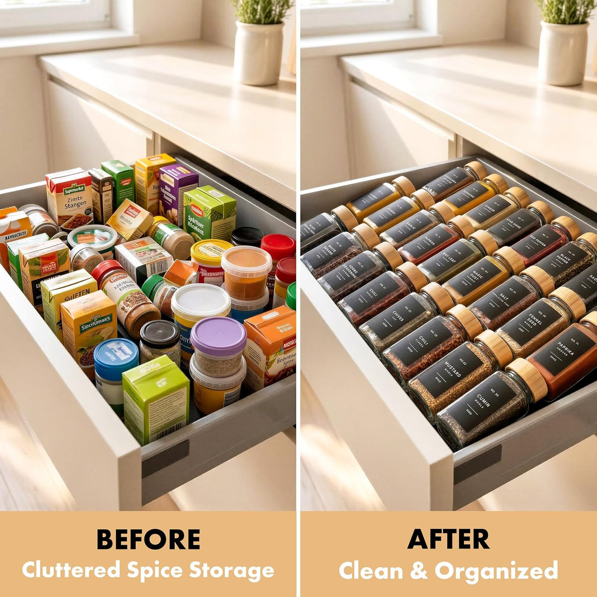 EDELHAUS Glass Spice Jars with Label, 24x Bamboo Wooden Lids - Black Labels
