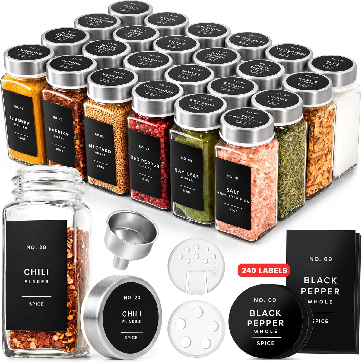 EDELHAUS Glass Spice Jars with Label, 24x Stainless Steel Lids