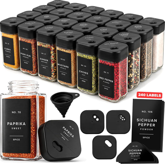 EDELHAUS Glass Square Spice Jars with Label, 24x Black Sprinkle Lids