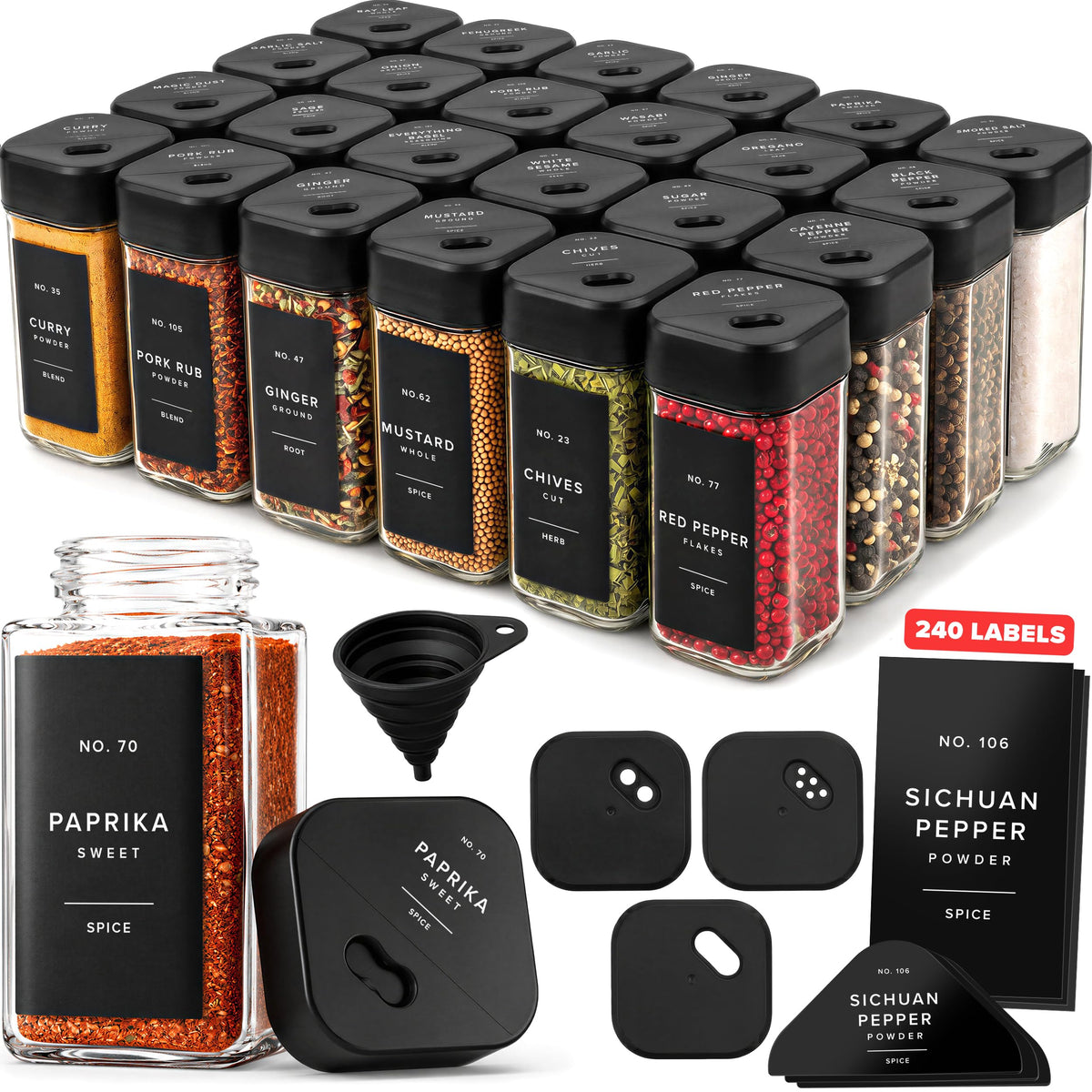 EDELHAUS Glass Square Spice Jars with Label, 24x Black Sprinkle Lids