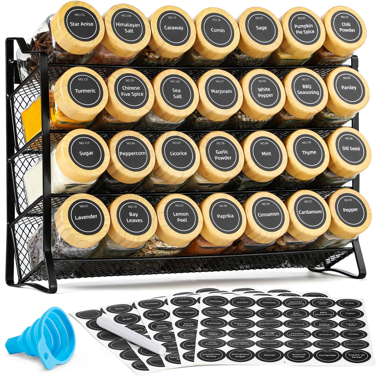 AOZITA Spice Rack Organizer for Cabinet, Spice Organizer with 28 Empty Spice Jars with Black Lids, Funnel, Spice Labels, Seasoning Organizer for Countertop, Cabinet, Kitchen, Pantry, Cupboard