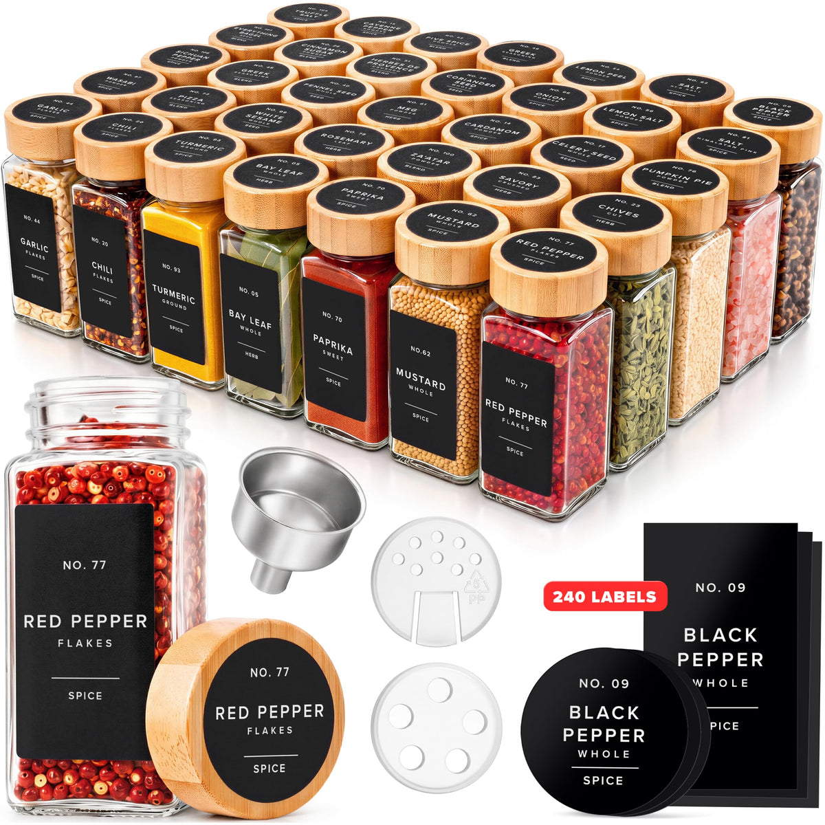 EDELHAUS Glass Spice Jars with Label, 24x Bamboo Wooden Lids - Black Labels