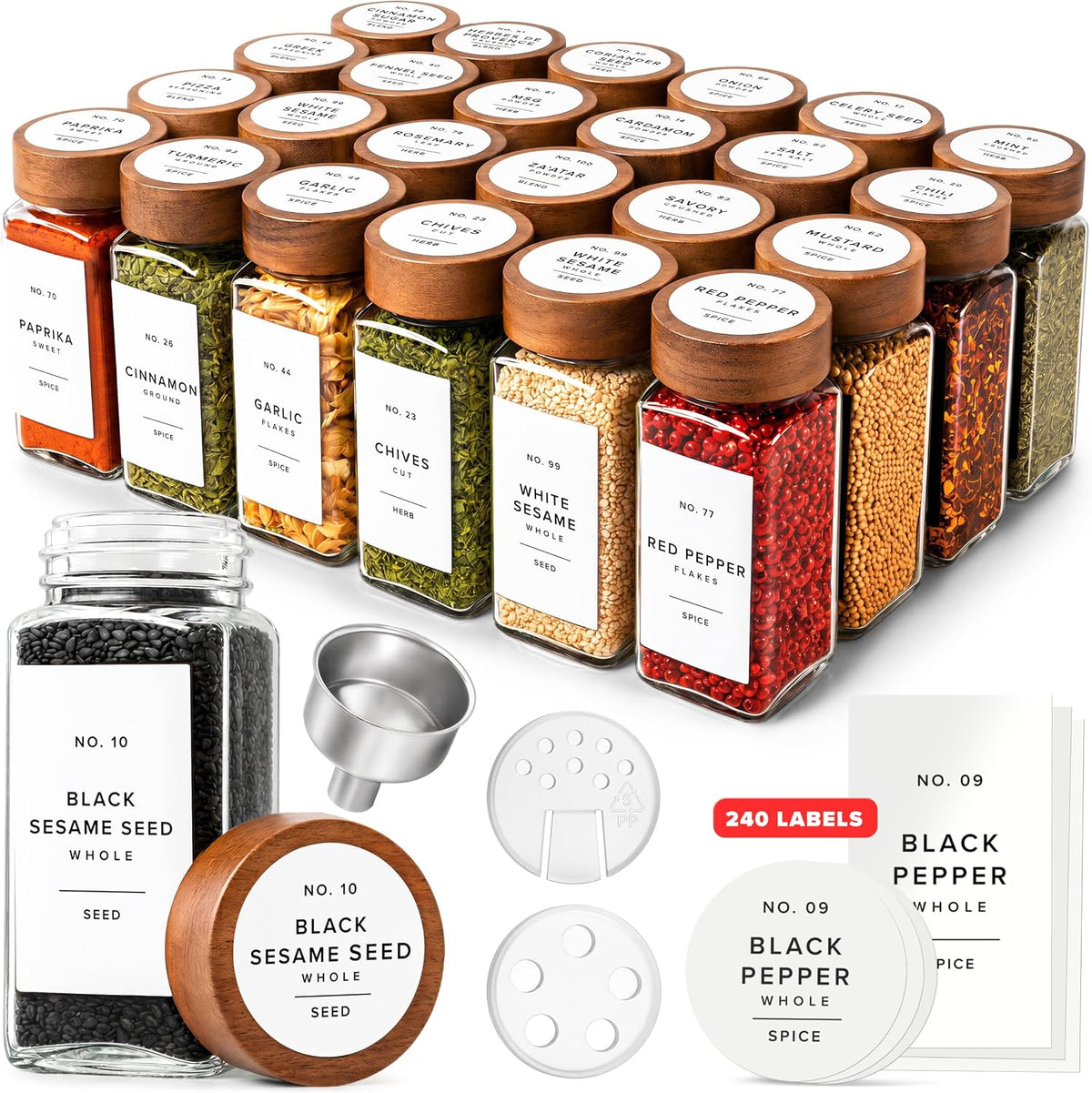 EDELHAUS Glass Spice Jars with Label, 24x Acacia Wooden Lids - White Labels