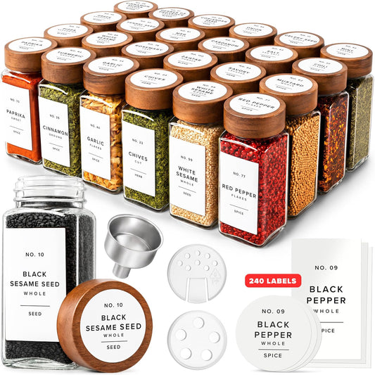 EDELHAUS Glass Spice Jars with Label, 24x Acacia Wooden Lids - White Labels