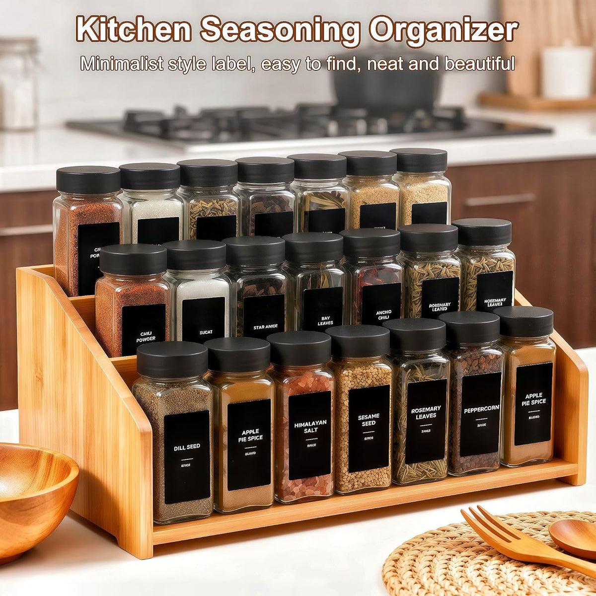 24 Spice Jars with Labels, 4oz Seasoning Jars for Cabinets, Drawers, Racks
