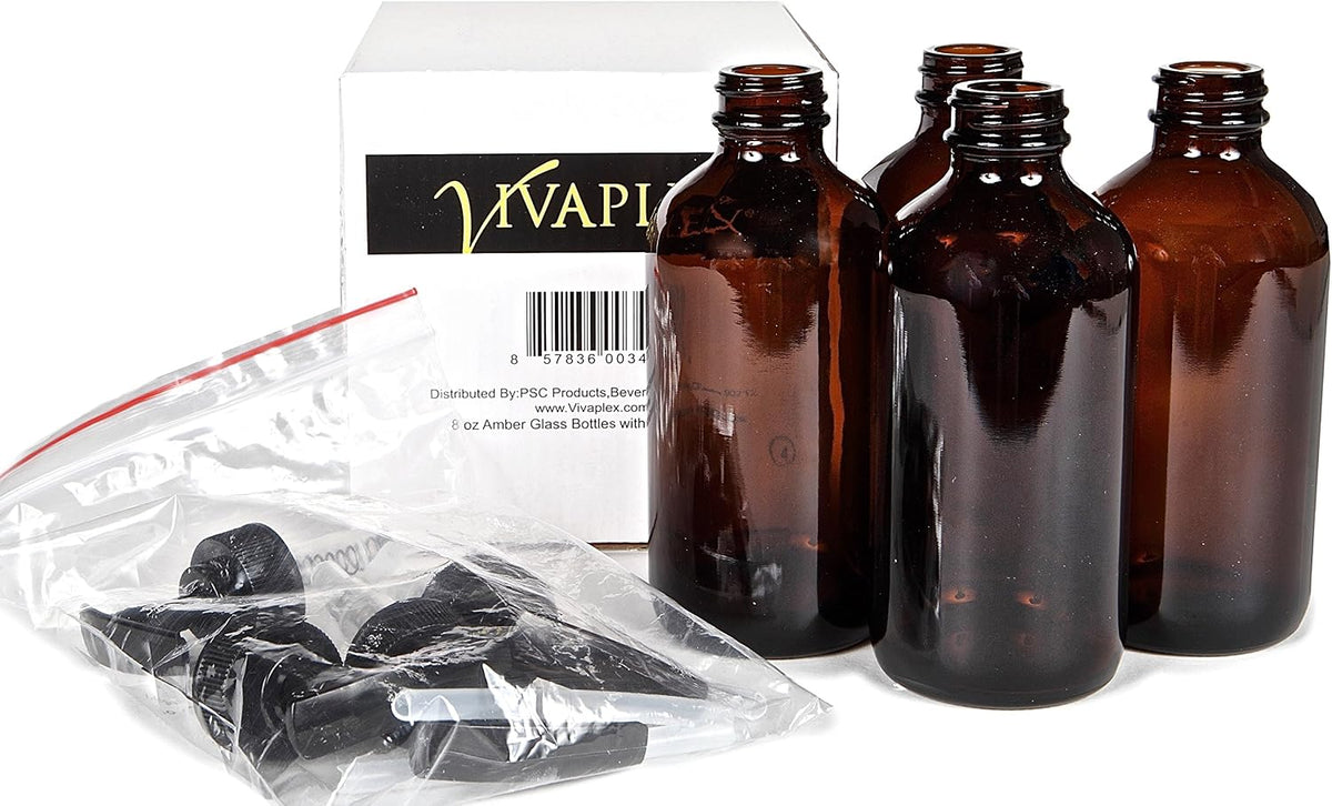 Vivaplex Large 8oz Empty Amber Glass Bottles with Black Lotion Pumps - 4 pk