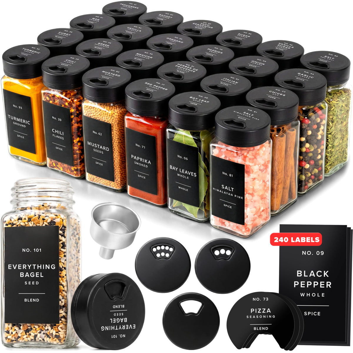 EDELHAUS Glass Spice Jars with Label and Black Sprinkle Lids (24 x 4oz)