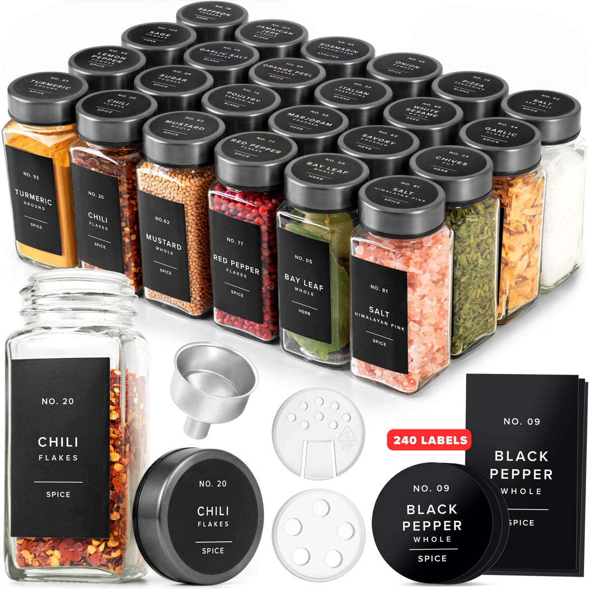 EDELHAUS Glass Spice Jars with Label, 24x Stainless Steel Lids