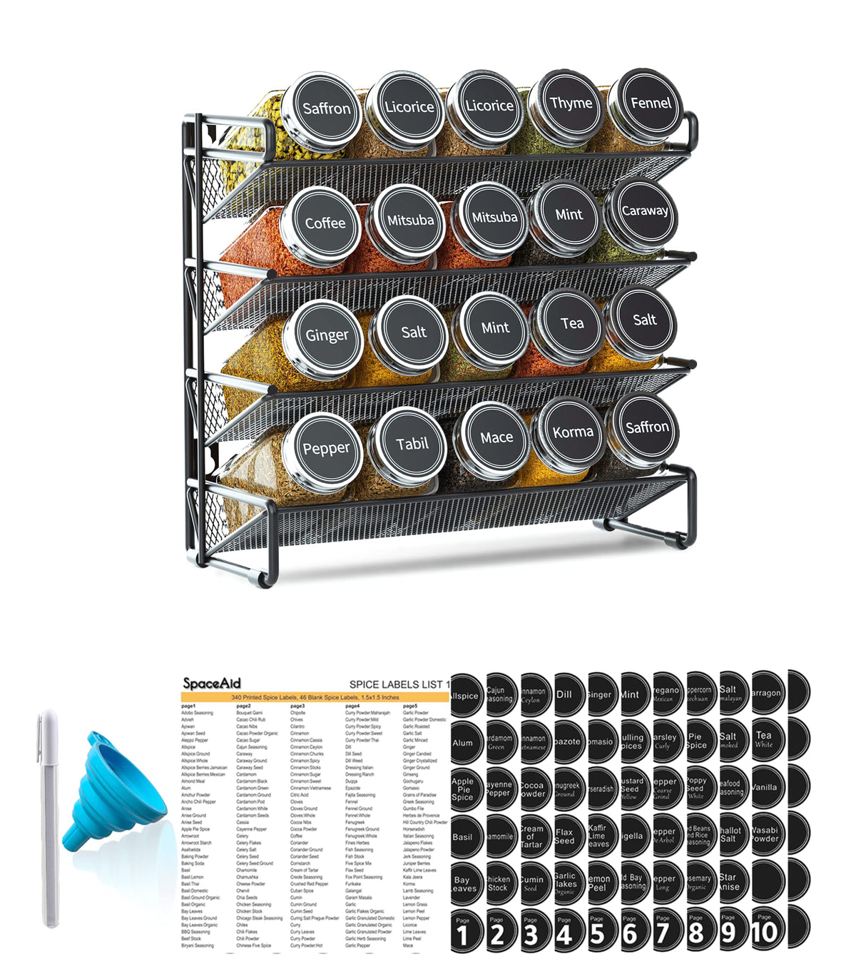 SpaceAid Spice Rack Organizer with 28 Spice Jars, 386 Spice Labels, Chalk Marker and Funnel Set for Cabinet, Countertop, Pantry, Cupboard or Door & Wall Mount - 28 Jars, 13.4" W × 10.8" H, Black