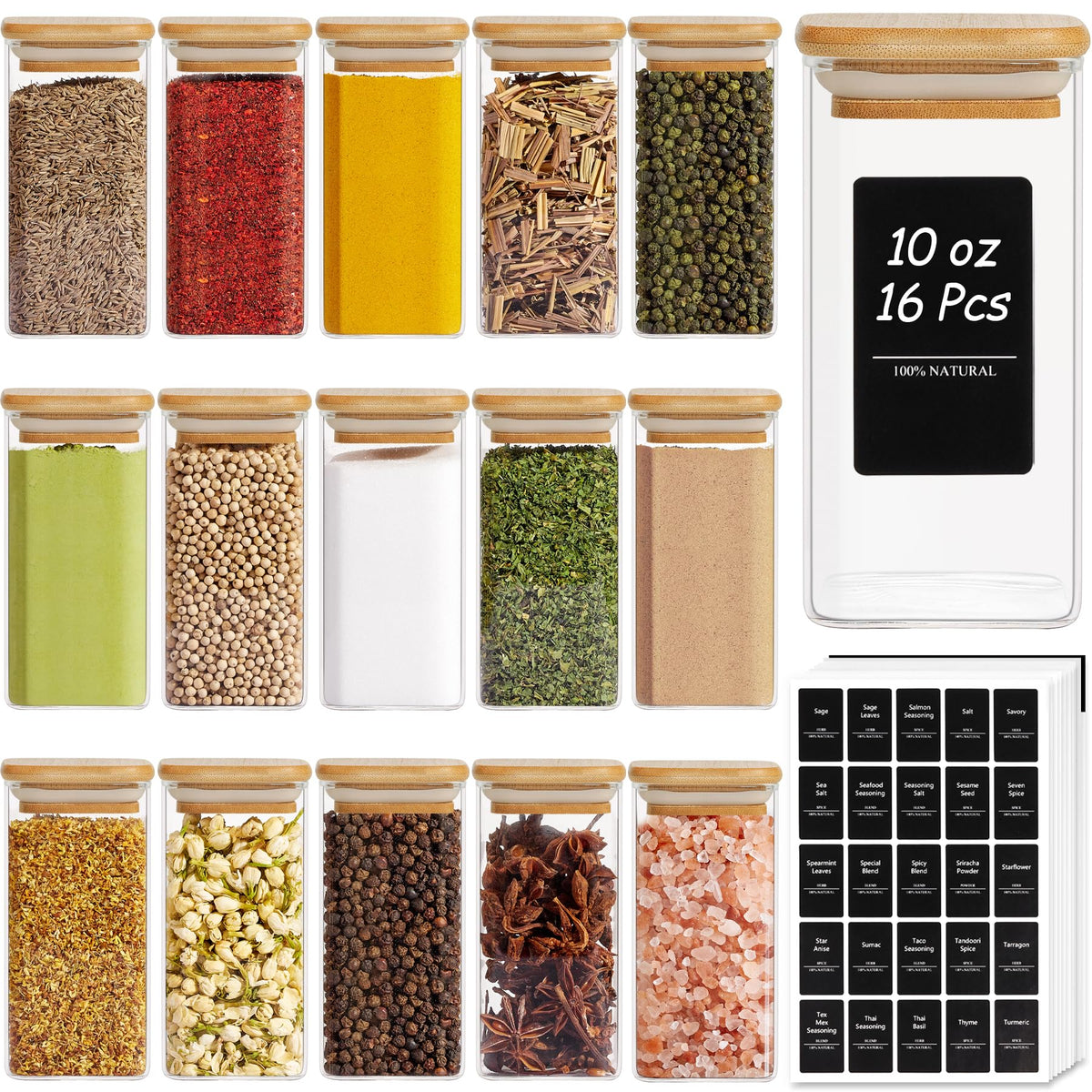 ComSaf Square Glass Spice Jars with Labels 8 oz 16 Pack with Bamboo Lids