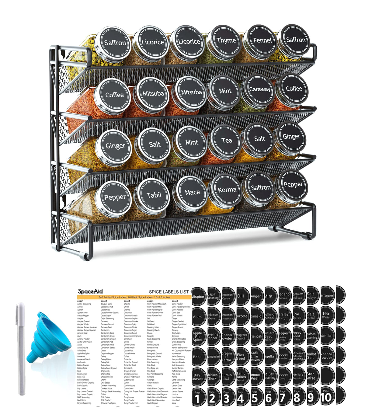 SpaceAid Spice Rack Organizer with 28 Spice Jars, 386 Spice Labels, Chalk Marker and Funnel Set for Cabinet, Countertop, Pantry, Cupboard or Door & Wall Mount - 28 Jars, 13.4" W × 10.8" H, Black