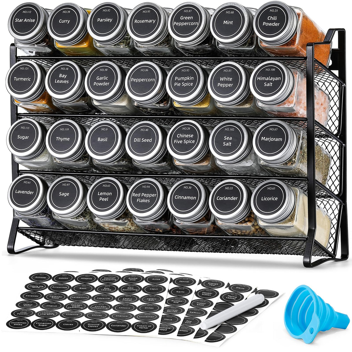 AOZITA Spice Rack Organizer for Cabinet, Spice Organizer with 28 Empty Spice Jars with Black Lids, Funnel, Spice Labels, Seasoning Organizer for Countertop, Cabinet, Kitchen, Pantry, Cupboard