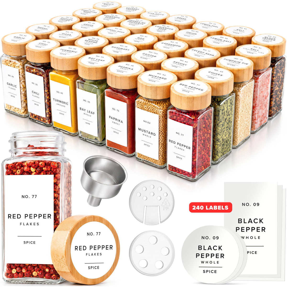 EDELHAUS Glass Spice Jars with Label, 24x Bamboo Wooden Lids - White Labels