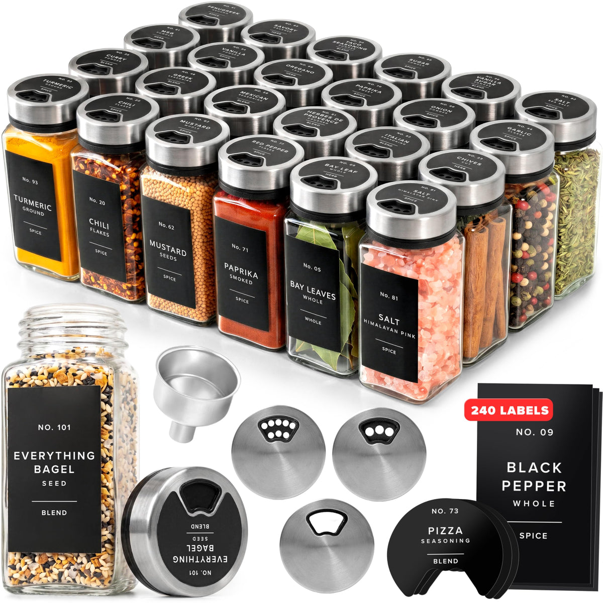 EDELHAUS Glass Spice Jars with Label and Black Sprinkle Lids (24 x 4oz)