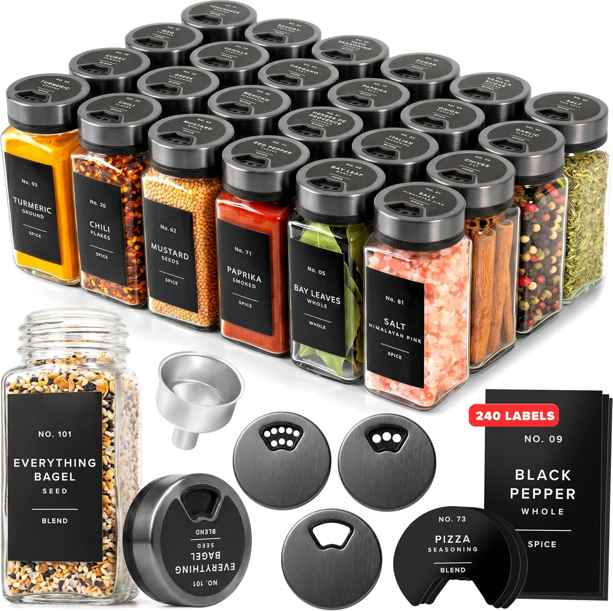EDELHAUS Glass Spice Jars with Label, Space Gray Sprinkle Lids (24 x 4oz)