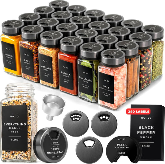EDELHAUS Glass Spice Jars with Label, Space Gray Sprinkle Lids (24 x 4oz)