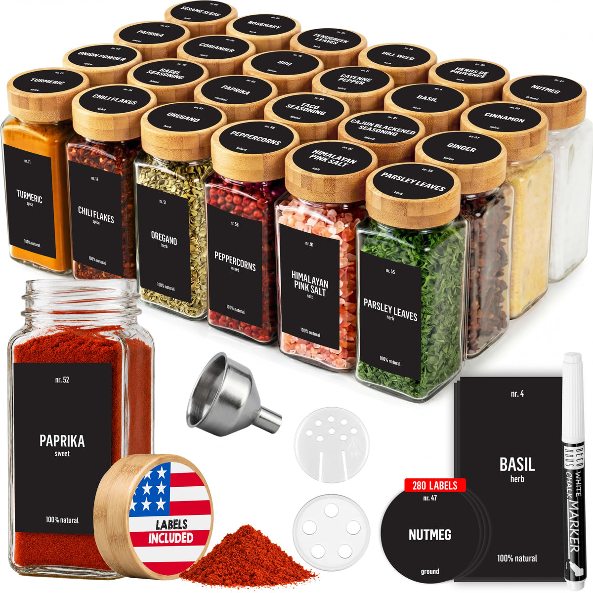 Deco haus Glass Spice Jars with Label 24x4oz - Spice Containers +280 Labels