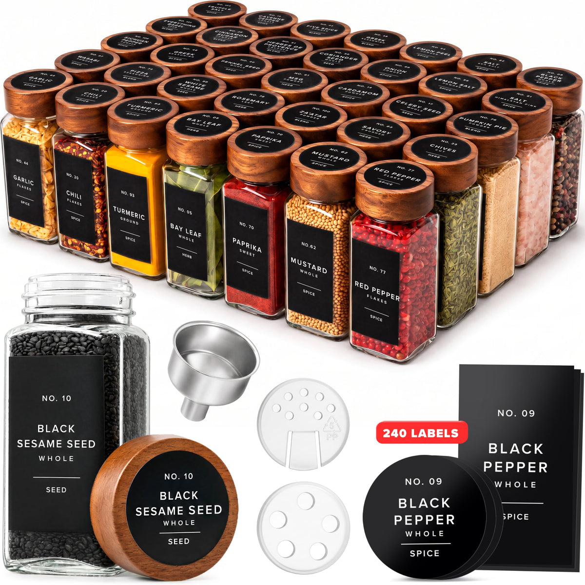 EDELHAUS Glass Spice Jars with Label, 24x Acacia Wooden Lids - White Labels