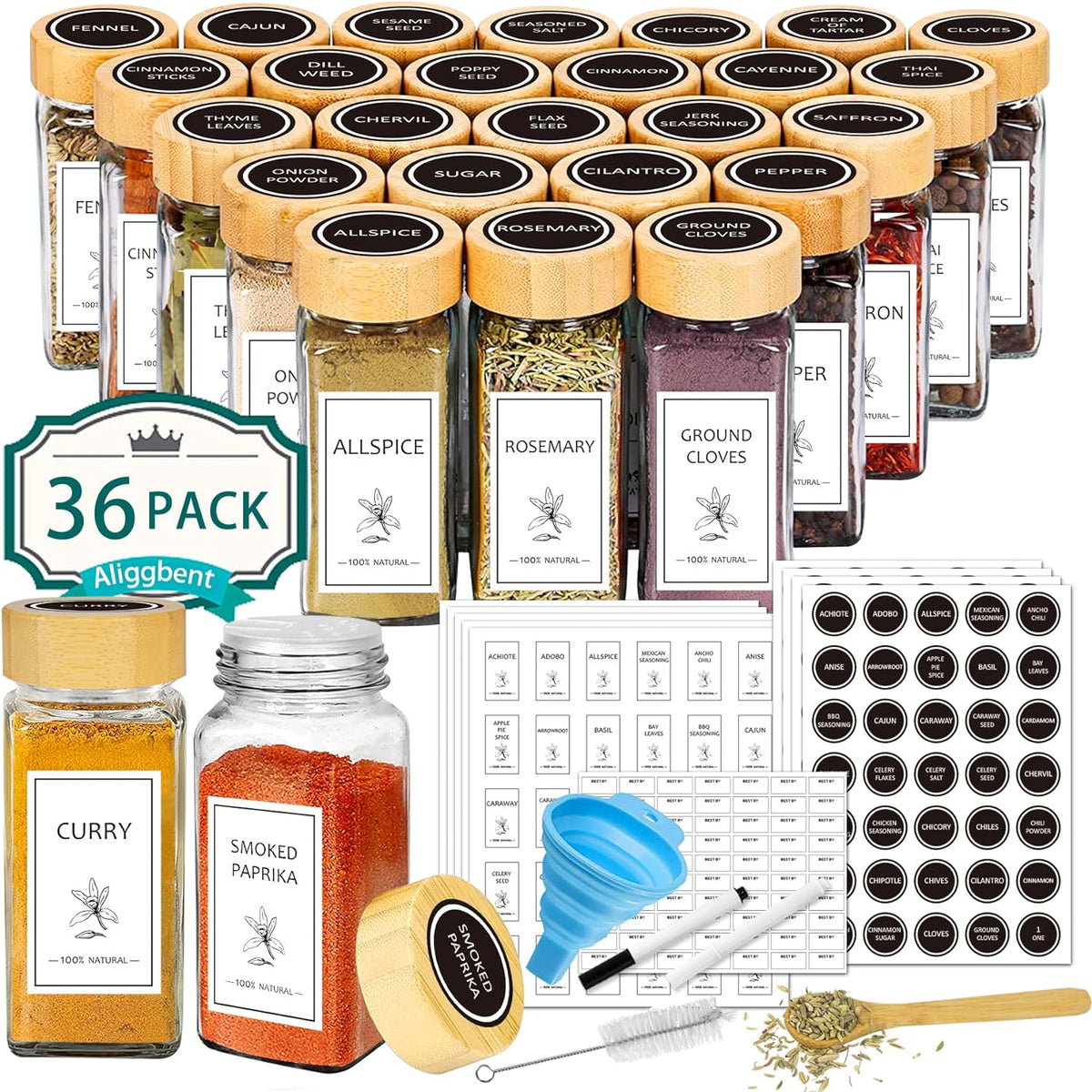 Aliggbent Spice Jars with Labels 36 Pcs 4 oz Glass Bamboo Lids Shaker Set