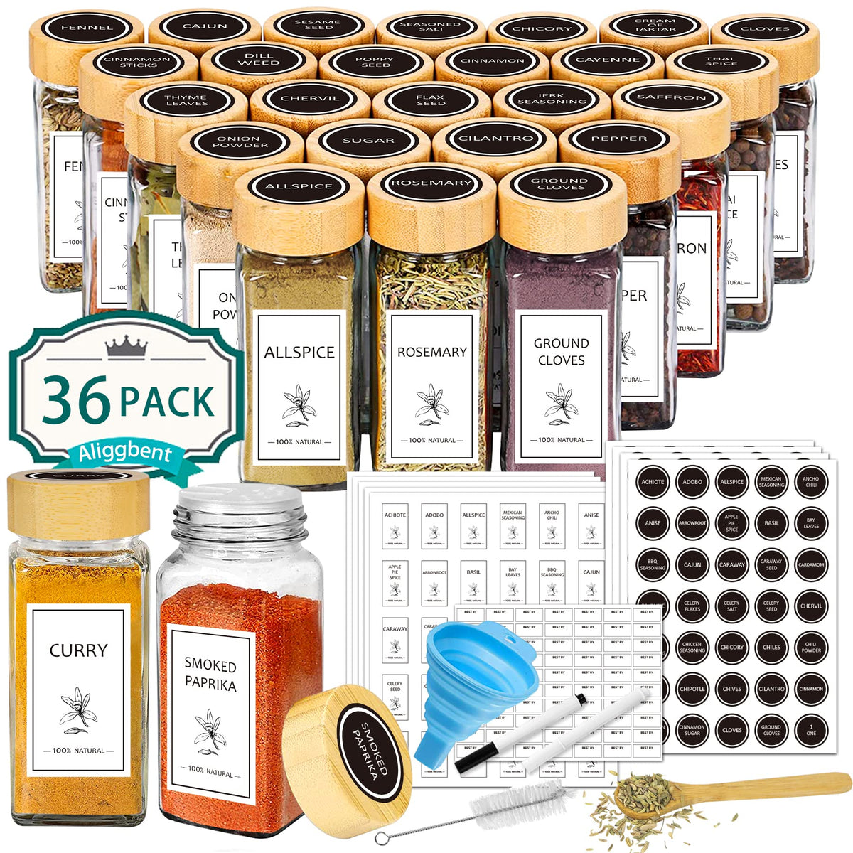 Aliggbent Spice Jars with Labels 36 Pcs 4 oz Glass Bamboo Lids Shaker Set