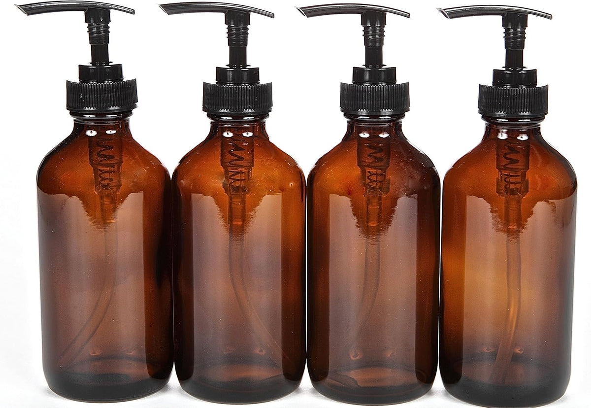 Vivaplex Large 8oz Empty Amber Glass Bottles with Black Lotion Pumps - 4 pk