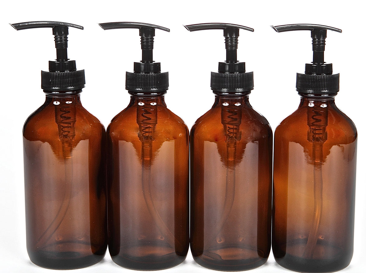 Vivaplex Large 8oz Empty Amber Glass Bottles with Black Lotion Pumps - 4 pk