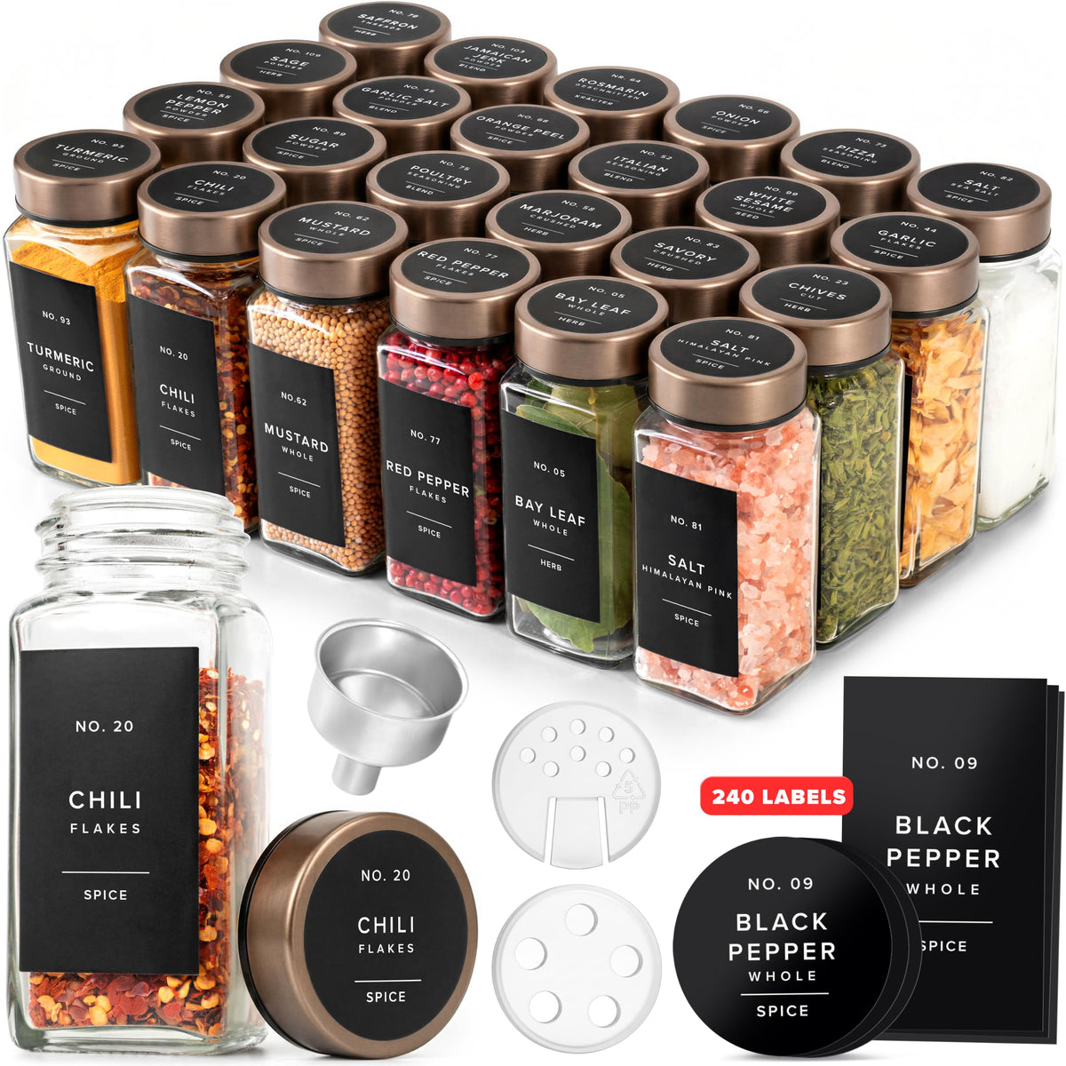 EDELHAUS Glass Spice Jars with Label, 24x Stainless Steel Lids