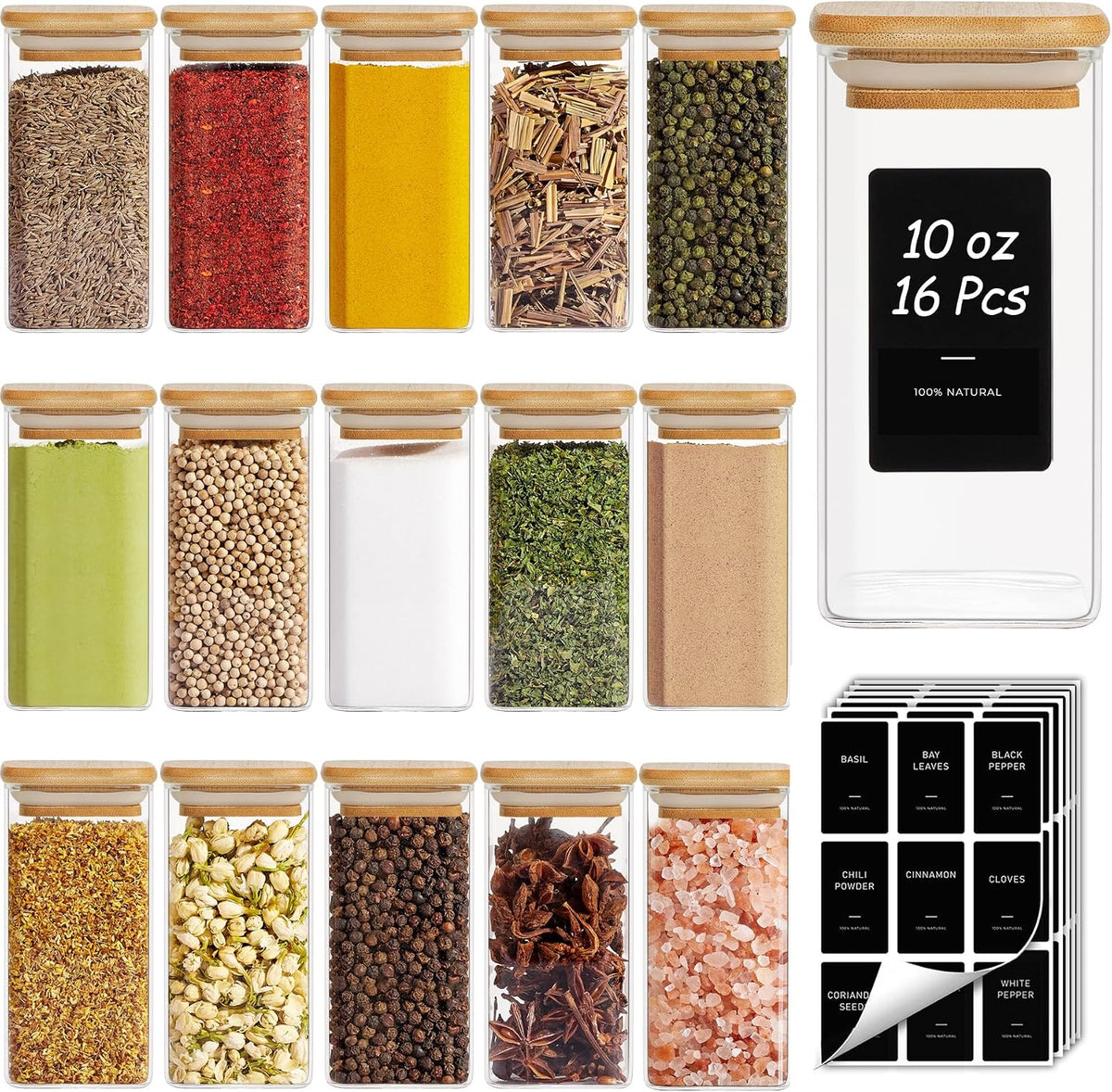 ComSaf Square Glass Spice Jars with Labels 8 oz 16 Pack with Bamboo Lids