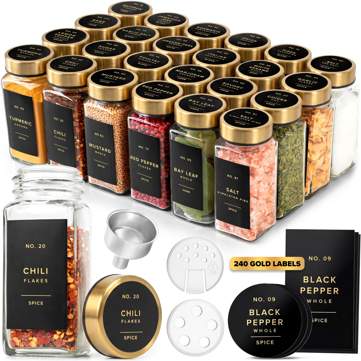 EDELHAUS Glass Spice Jars with Label, 24x Stainless Steel Lids