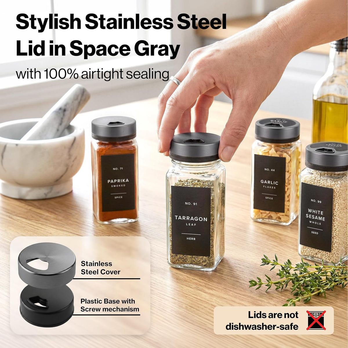 EDELHAUS Glass Spice Jars with Label, Space Gray Sprinkle Lids (24 x 4oz)