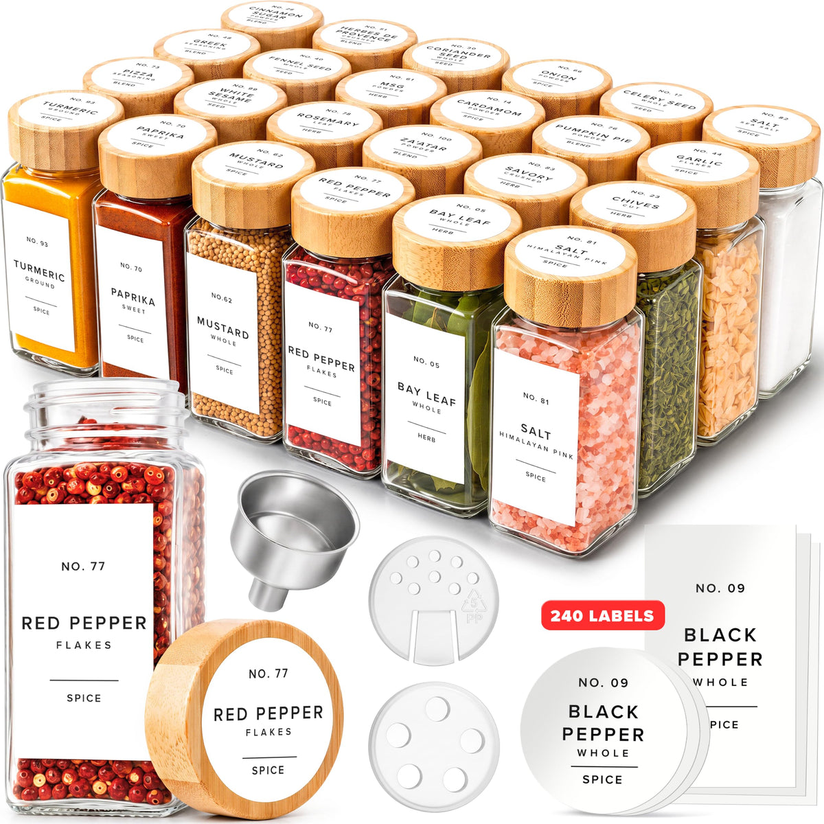 EDELHAUS Glass Spice Jars with Label, 24x Bamboo Wooden Lids - White Labels