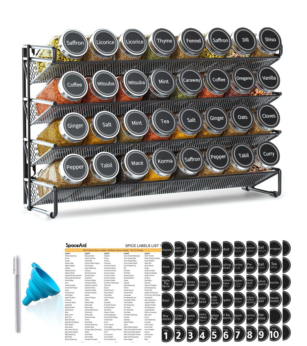SpaceAid Spice Rack Organizer with 28 Spice Jars, 386 Spice Labels, Chalk Marker and Funnel Set for Cabinet, Countertop, Pantry, Cupboard or Door & Wall Mount - 28 Jars, 13.4" W × 10.8" H, Black
