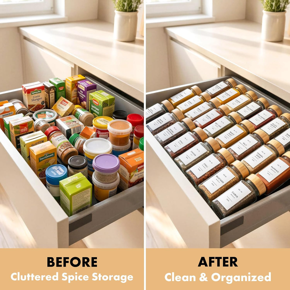 EDELHAUS Glass Spice Jars with Label, 24x Bamboo Wooden Lids - White Labels