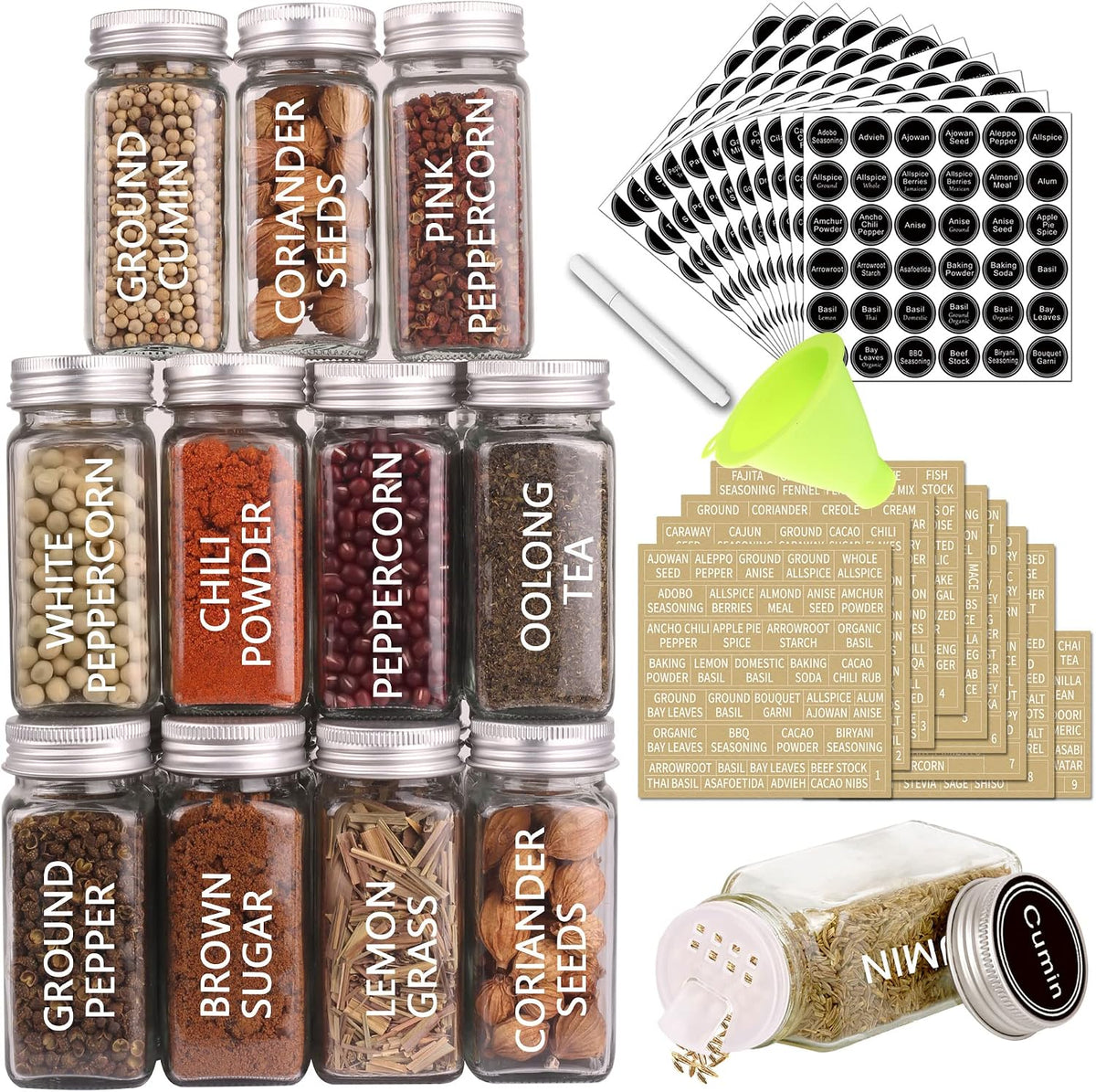 SWOMMOLY 36 Pcs 4 oz Glass Spice Jars with Shaker Lids and 703 Spice Labels