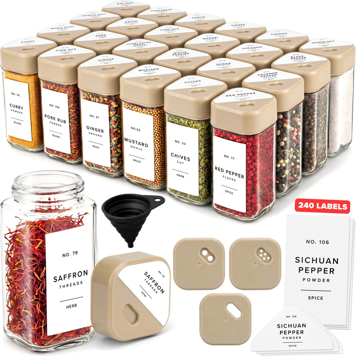 EDELHAUS Glass Square Spice Jars with Label, 24x Black Sprinkle Lids
